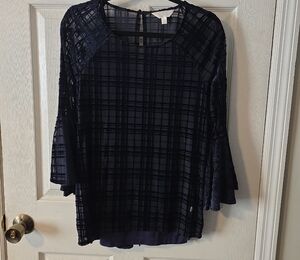 LC Lauren Conrad Dark Blue Checkered Blouse with Flared Sleeves